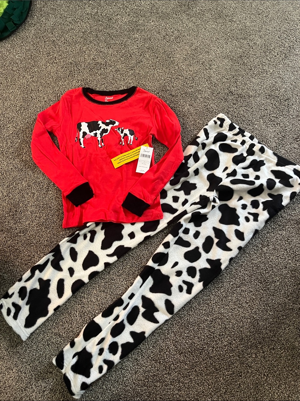 Kids Red Cow Graphic Pajama Set with Black & White Cow-Print Pants